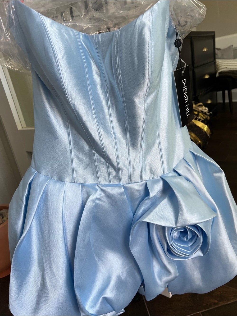 Sherri Hill Light Blue Drop Waist Bubble Hem Dress